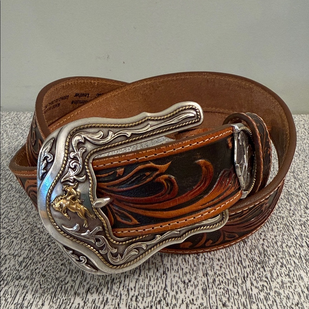 Y2K Men’sTony Lama Brown, Black & Silver Tooled Leather Western Belt, Sz42, NWT